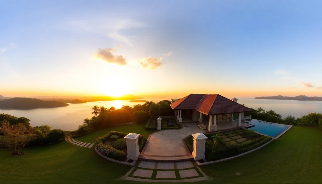 Showcasing a luxurious villa representing Phuket property management with stunning sunset views and lush landscaping.