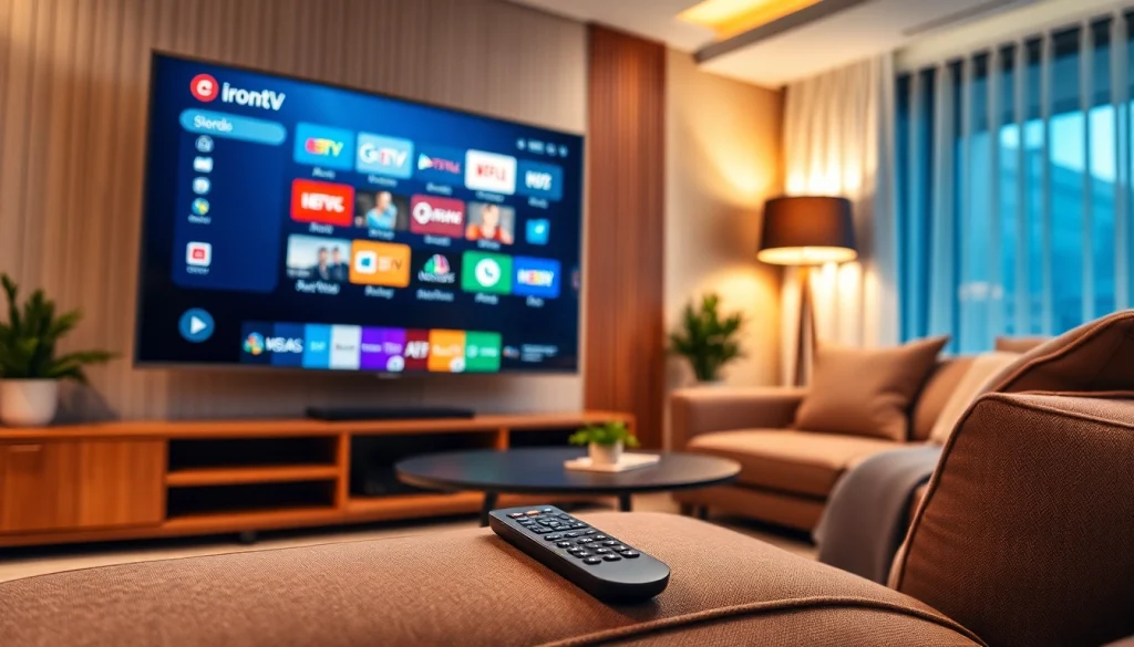 Engaging iron tv pro interface displayed on a modern TV in a cozy living room setting.