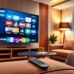 Engaging iron tv pro interface displayed on a modern TV in a cozy living room setting.