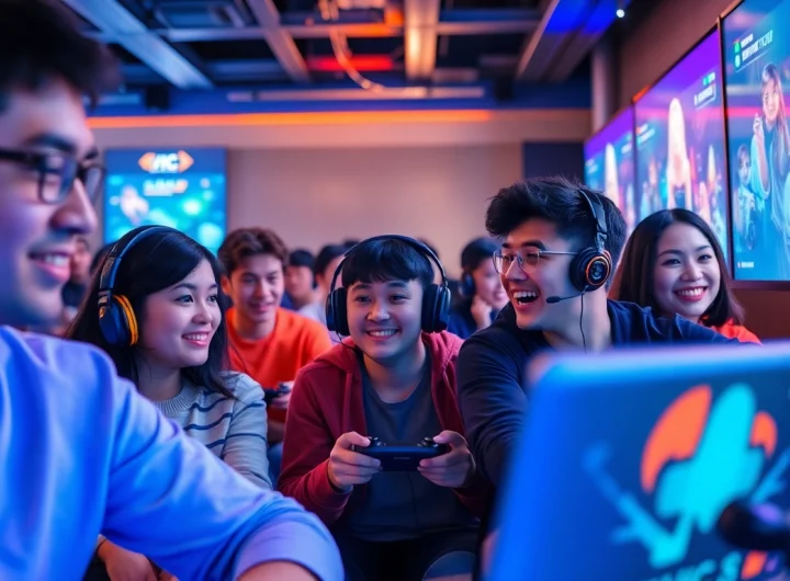 LIÊN MINH KJC gaming community scene showcasing diverse gamers in an interactive online environment.