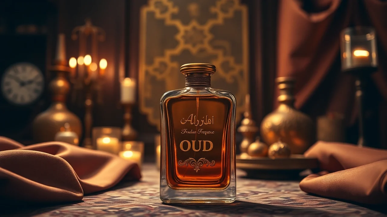 Explore a distinct Arabian Oud dupe fragrance in an elegant and luxurious setting.