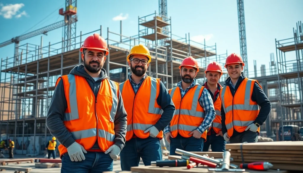 Skilled scaffolders Bolton working on a construction site with teamwork and safety gear.