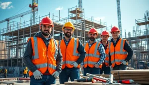 Skilled scaffolders Bolton working on a construction site with teamwork and safety gear.
