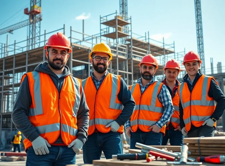 Skilled scaffolders Bolton working on a construction site with teamwork and safety gear.