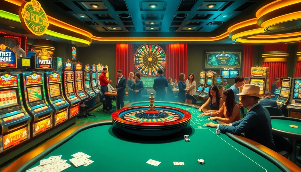 KJC AC 1: Exciting casino scene with poker tables, roulette wheel, and slot machines.