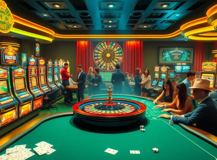 KJC AC 1: Exciting casino scene with poker tables, roulette wheel, and slot machines.
