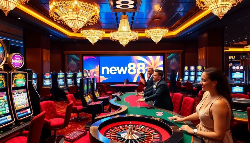 Experience thrilling games at new88's luxurious casino with vibrant tables and engaging players.