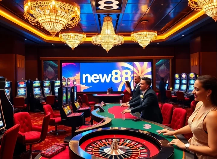 Experience thrilling games at new88's luxurious casino with vibrant tables and engaging players.