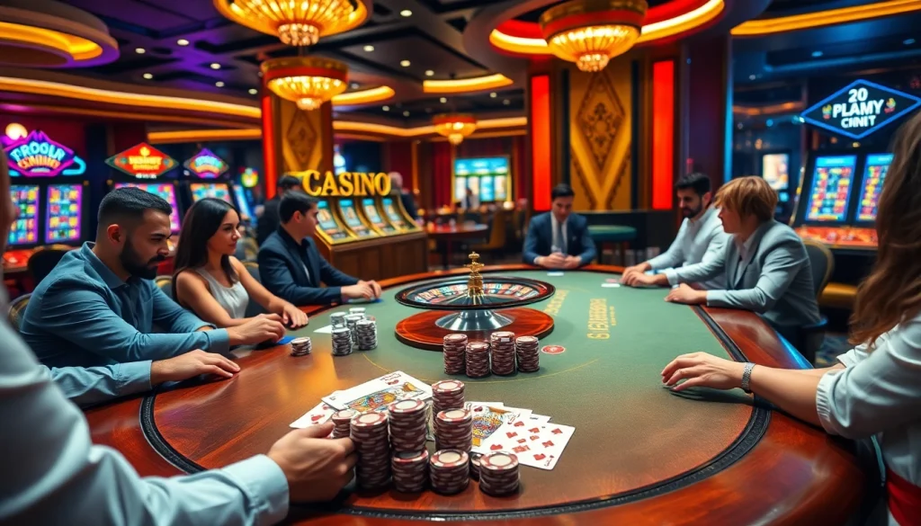 High-stakes poker game at a sophisticated casino table at https://fabet.free/, showcasing colorful chips and cards.