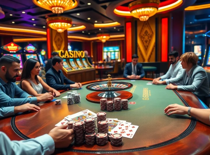 High-stakes poker game at a sophisticated casino table at https://fabet.free/, showcasing colorful chips and cards.
