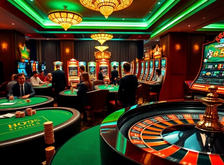Experience the excitement of gambling at nhà cái 888b with vibrant casino scenes featuring poker tables and slot machines.