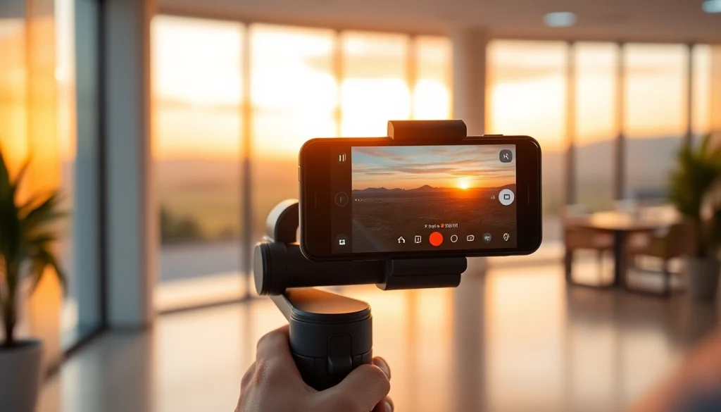 Smartphone-Gimbal stabilizing video capture in a vibrant outdoor setting at sunset.
