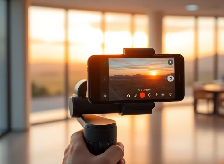 Smartphone-Gimbal stabilizing video capture in a vibrant outdoor setting at sunset.