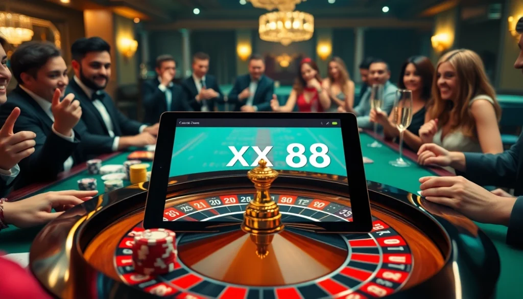 Excited players enjoying a winning moment at the luxurious casino table featuring https://xx88.promo/.