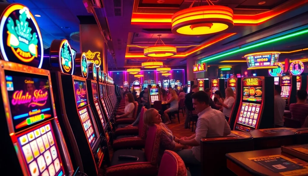 doaslot machines illuminated in a lively casino scene, showcasing vibrant colors and excited players.