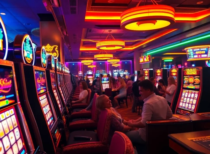 doaslot machines illuminated in a lively casino scene, showcasing vibrant colors and excited players.