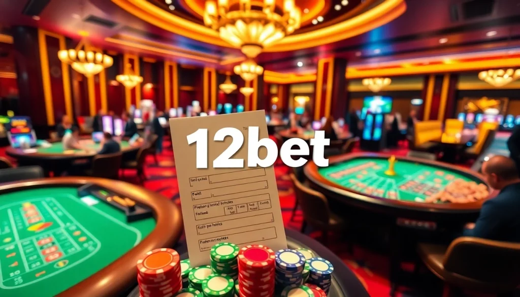 Betting experience with 12bet at a luxurious online casino featuring poker tables and slots.