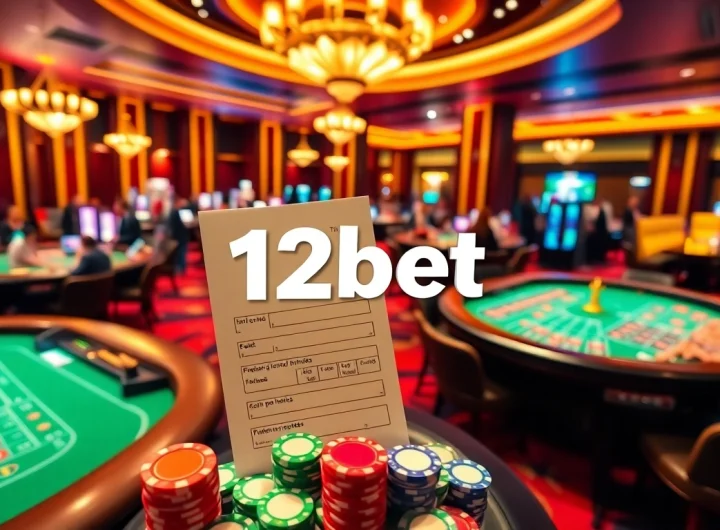 Betting experience with 12bet at a luxurious online casino featuring poker tables and slots.