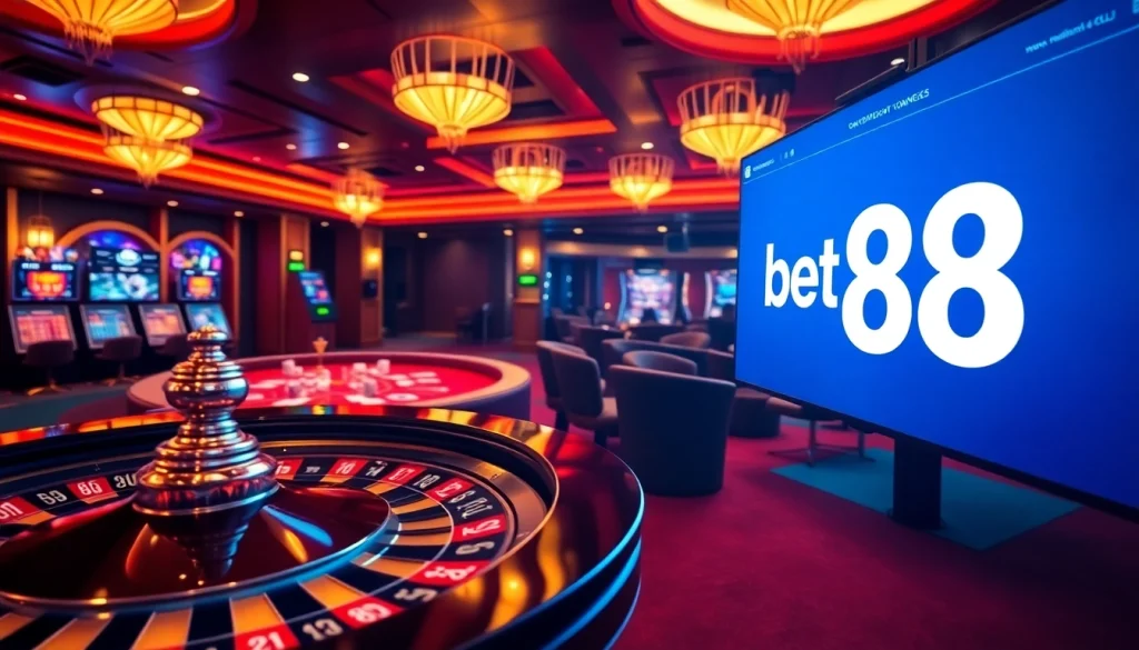 Experience the thrill of bet 88 at a luxurious casino with roulette tables and vibrant gaming ambiance.