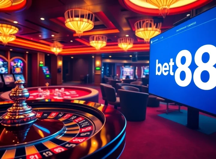 Experience the thrill of bet 88 at a luxurious casino with roulette tables and vibrant gaming ambiance.