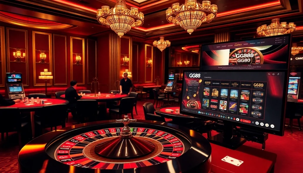 Experience thrilling gameplay at gg88.com with a vibrant casino scene featuring poker and roulette tables.