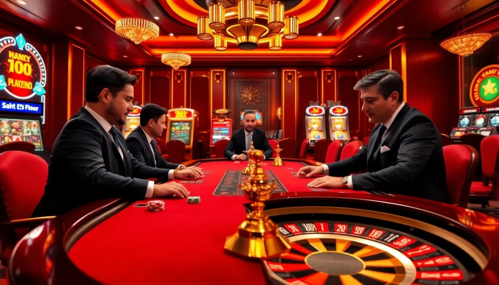 Join the excitement at https://vnew88.vip/ with high-stakes poker action and luxury casino elements in a vibrant scene.