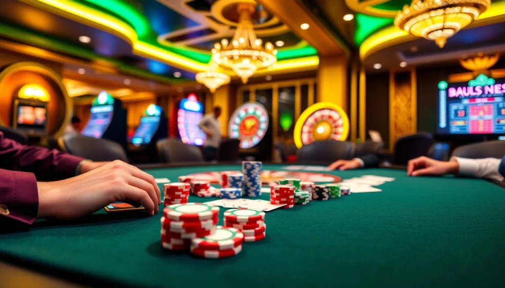 Engaged players strategizing at a poker table in a luxurious casino setting reflecting urr88.com.