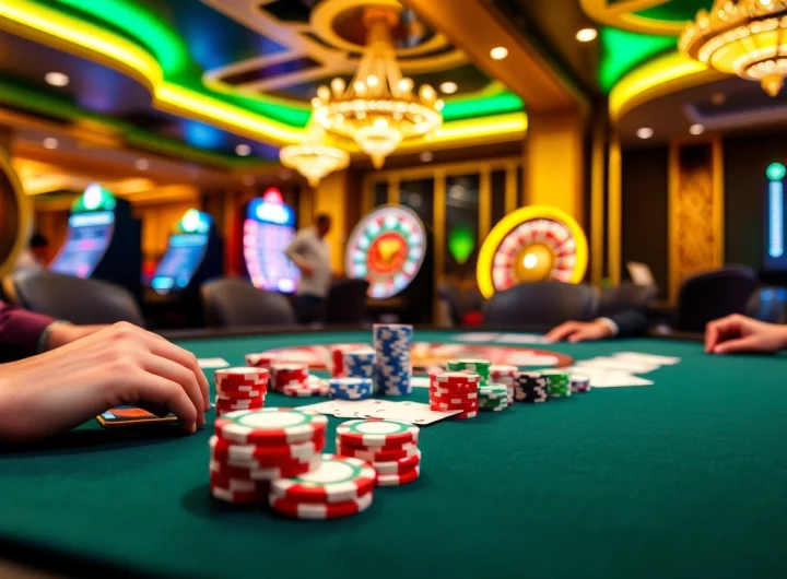 Engaged players strategizing at a poker table in a luxurious casino setting reflecting urr88.com.