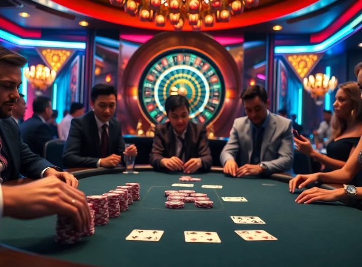 Experience high-stakes action at the win55 poker table surrounded by vibrant chips and cards.