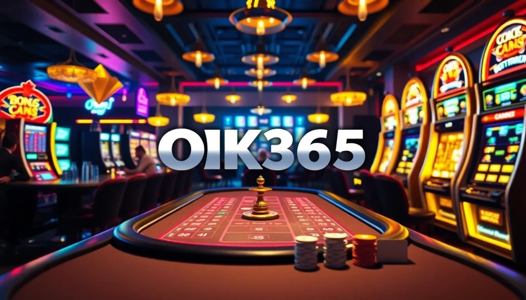 Engaged players enjoying a poker game at an OK365 branded casino table, showcasing vibrant gambling atmosphere.
