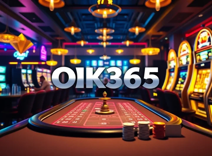 Engaged players enjoying a poker game at an OK365 branded casino table, showcasing vibrant gambling atmosphere.