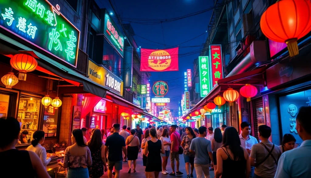 Vibrant depiction of 베트남밤문화 showcasing lively nightlife with bars and dancing crowds.