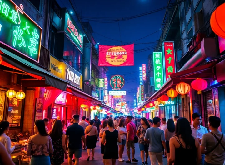 Vibrant depiction of 베트남밤문화 showcasing lively nightlife with bars and dancing crowds.