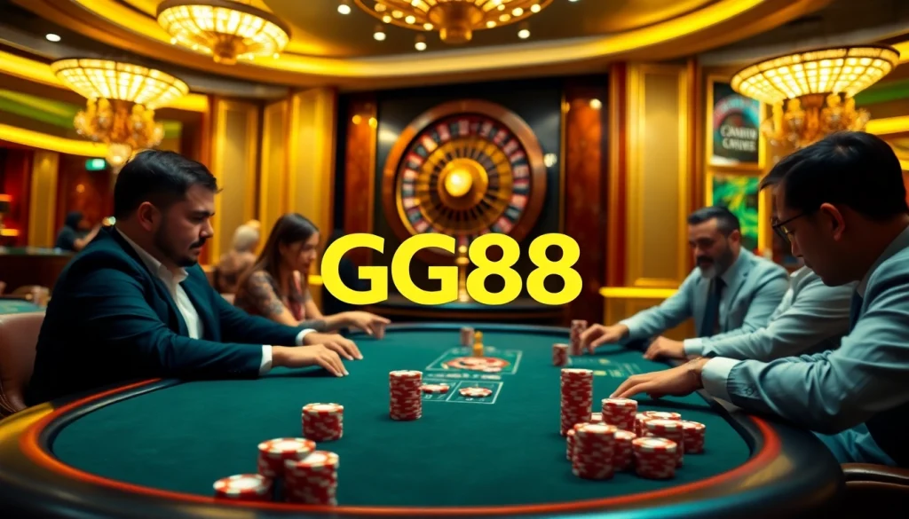 Players engaged in a high-stakes poker game at GG88's luxurious casino table.
