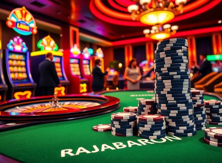 Experience the thrill of RAJABARONG with high-stakes casino action, vibrant slot machines, and poker chips.