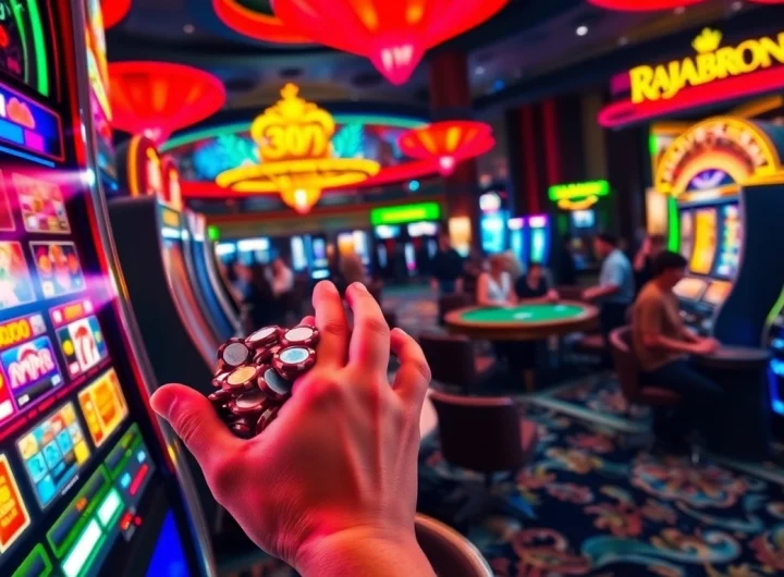 Players enjoying RAJABARONG slots, engaging with colorful machines and vibrant casino atmosphere.