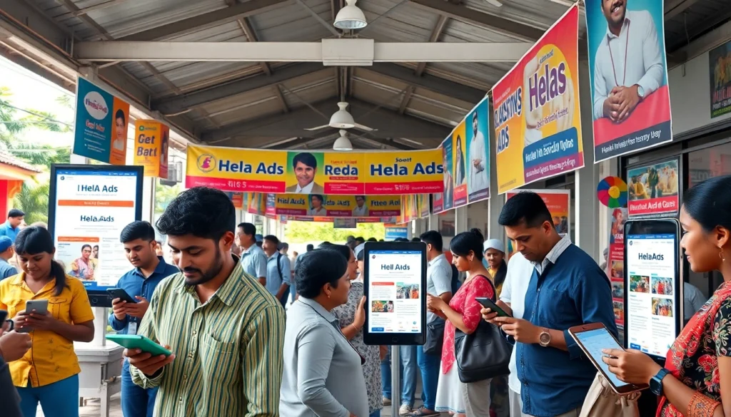 Engaging scene featuring Hela Ad users in a vibrant Sri Lankan marketplace.