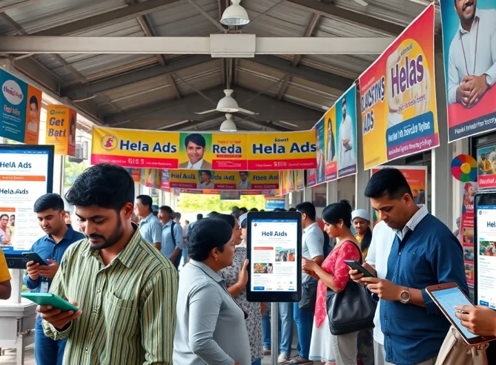 Engaging scene featuring Hela Ad users in a vibrant Sri Lankan marketplace.