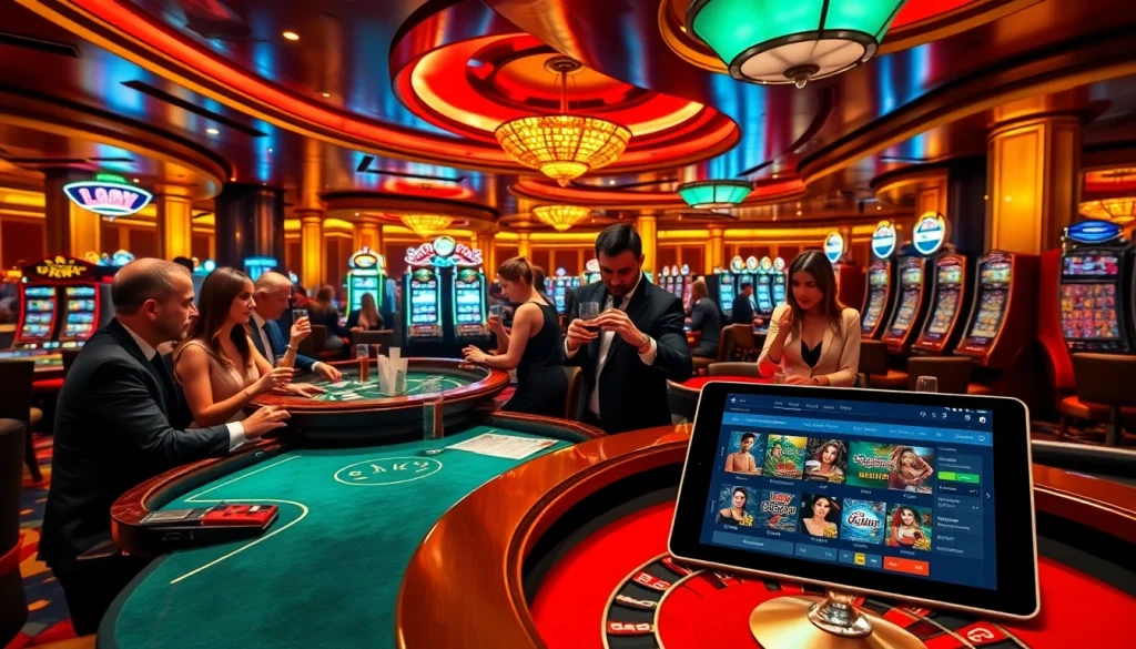 Sky club ambiance with players enjoying poker and roulette in a luxurious casino setting.