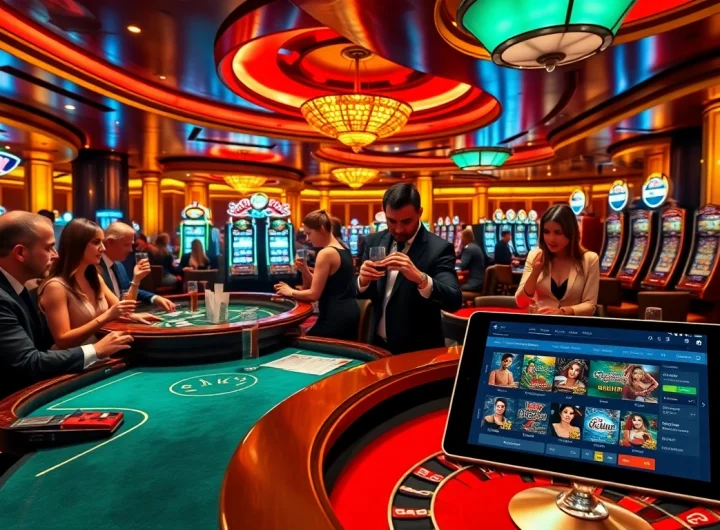 Sky club ambiance with players enjoying poker and roulette in a luxurious casino setting.