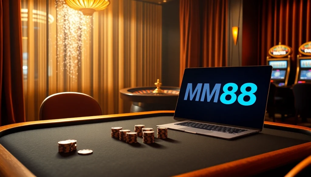 Experience thrilling betting at MM88, featuring poker tables and roulette wheels in an elegant casino setting.
