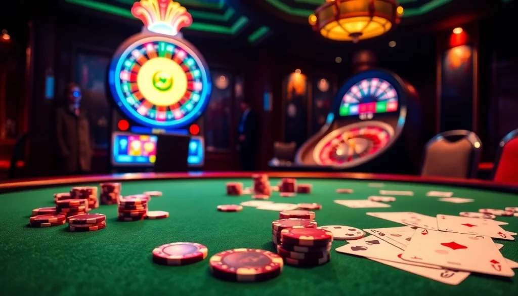 Play exciting games at https://f168.studio/ with a luxurious casino setup featuring poker and slot machines.