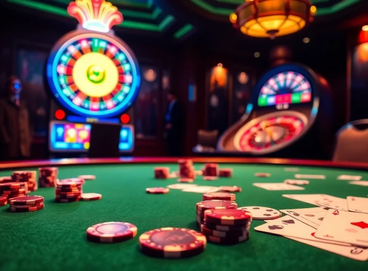 Play exciting games at https://f168.studio/ with a luxurious casino setup featuring poker and slot machines.