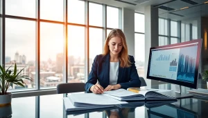 Księgowość dla firmy budowlanej w nowoczesnym biurze z profesjonalnym księgowym analizującym finanse.