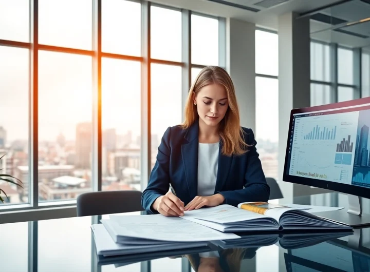 Księgowość dla firmy budowlanej w nowoczesnym biurze z profesjonalnym księgowym analizującym finanse.