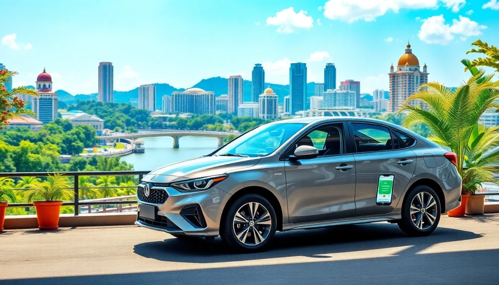 Car rental at Kuching featuring a modern vehicle against the scenic backdrop of Kuching city.