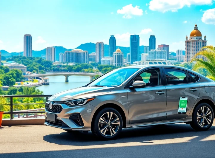 Car rental at Kuching featuring a modern vehicle against the scenic backdrop of Kuching city.