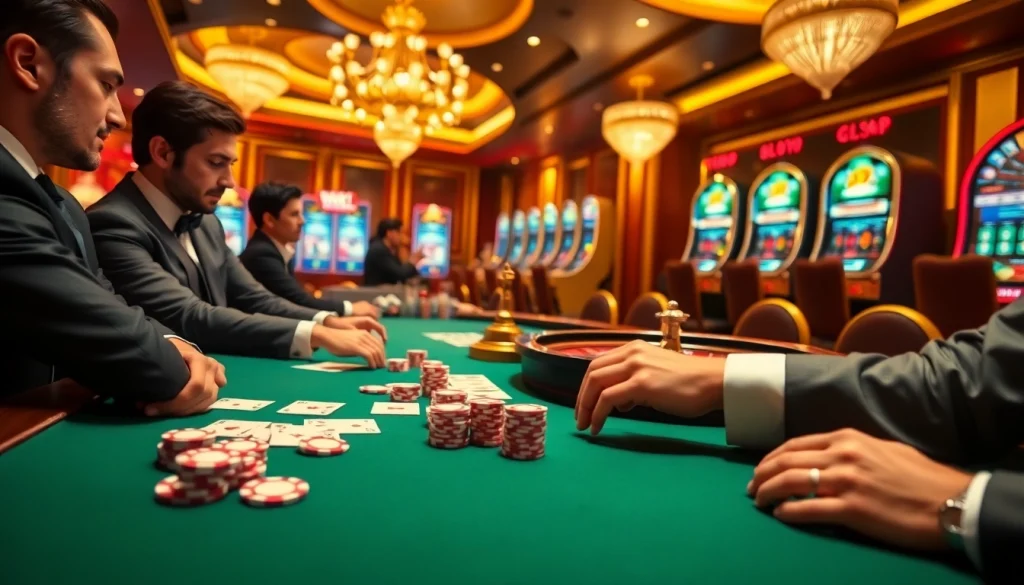 Zbet game experience at an elite casino table with poker chips and vibrant slot machines.