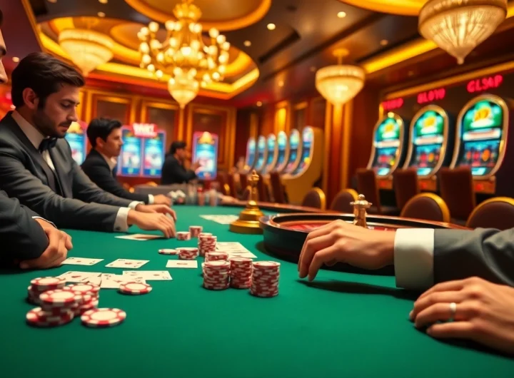 Zbet game experience at an elite casino table with poker chips and vibrant slot machines.