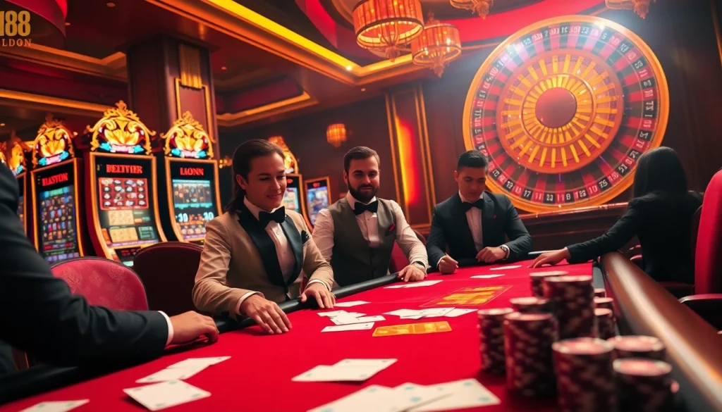 Engage in the thrilling world of gambling at https://mm88.london/ with a luxurious poker table and vibrant slot machines.